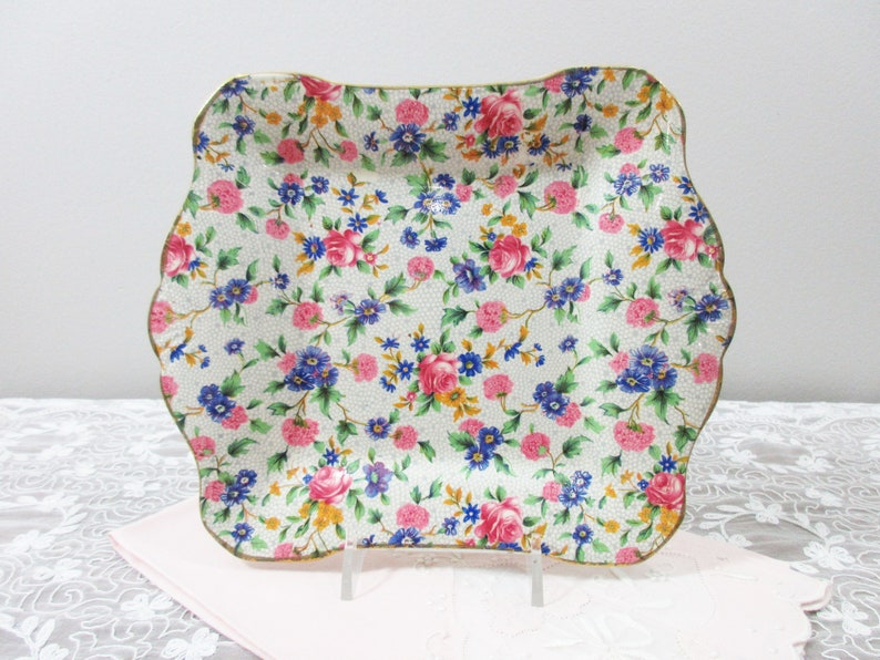 8-18 x 6-34 1938 Royal Winton Old Cottage Chintz Square Tray Pink Blue Yellow Floral Chintz Relish Plate Saville Shape