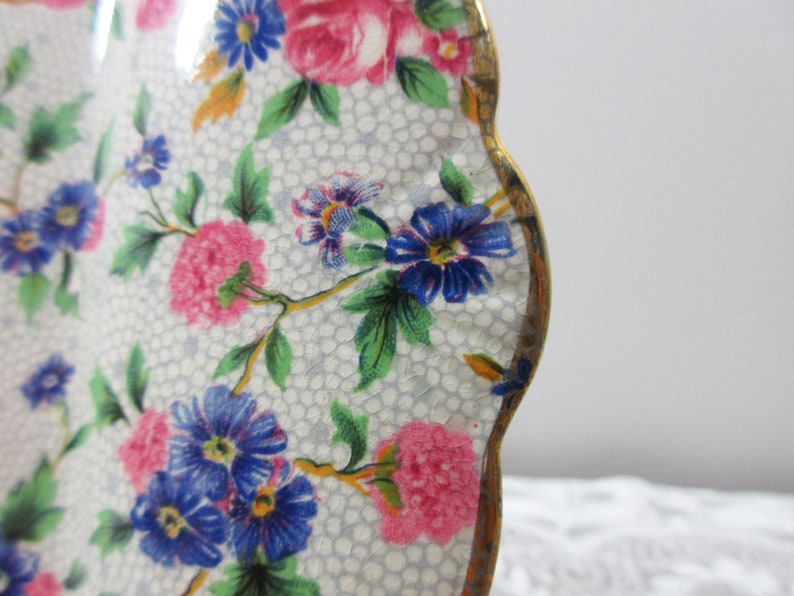 8-18 x 6-34 1938 Royal Winton Old Cottage Chintz Square Tray Pink Blue Yellow Floral Chintz Relish Plate Saville Shape