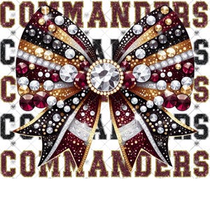 May include: A large red, black and gold bow with rhinestones and glitter. The bow is decorated with the word "COMMANDERS" in a glittery red font.