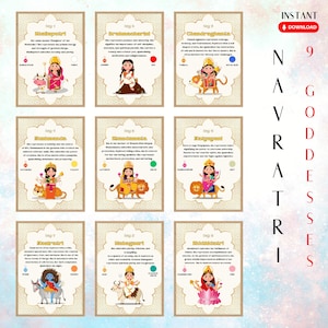 Arte de la Diosa Navratri / 9 Formas de Durga / Descarga digital / Decoración para festivales / Decoración para altares / Obras de arte espirituales para altares / Hinduismo