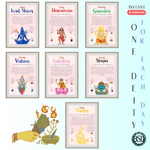 One Deity for Each Day - Hindu Deity Wall Art Set - 7 Digital Artworks for Each Day of the Week with Mantras, suggested Incense & Crystal