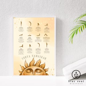 Art numérique Surya Namaskar, poses de yoga pour la salutation au soleil & mantras, art mural imprimable, décoration yoga et inspiration, pleine conscience, art mural yoga