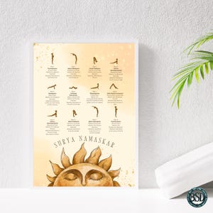 Surya Namaskar Digital Art, Sun Salutation Yoga Poses & Mantras, Printable Wall Art, Yoga Decor and Inspiration, Mindfulness, Yoga Wall Art
