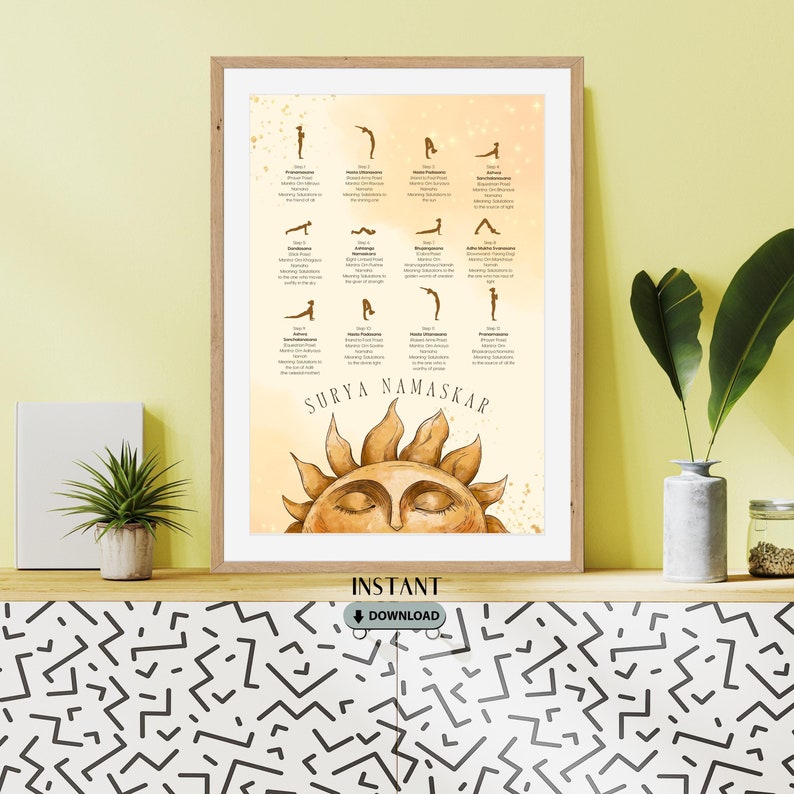 Surya Namaskar Digital Art, Sun Salutation Yoga Poses & Mantras ...