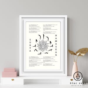 Art numérique Surya Namaskar | Noms des mantras et des poses de yoga | Art mural imprimable | Décoration pleine conscience | Impression de méditation | Salutation au soleil