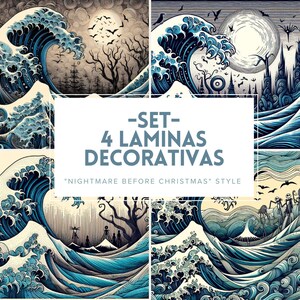 Puede incluir: Conjunto de cuatro láminas decorativas estilo "Pesadilla antes de Navidad". Cada lámina presenta olas oceánicas estilizadas en tonos azules y blancos, con fondos oscuros y espeluznantes, incluyendo árboles, murciélagos y una luna llena. El texto dice "-SET- 4 LAMINAS DECORATIVAS".