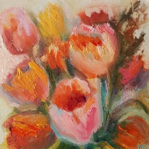 Tulipanes en flor: arte floral original, pintura al óleo vibrante, flores de primavera, pintura al óleo, decoración del hogar, arte de pared.