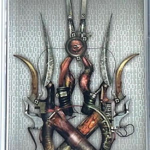 May include: A cassette tape featuring the band Static-X's album "Machine." The cover art displays a mechanical design with blades, tubes, and the album title. The background has a binary code pattern.