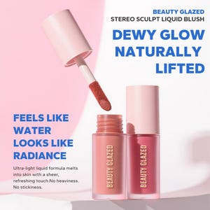 May include: Two bottles of Beauty Glazed Stereo Sculpt Liquid Blush in shades of pink and red. The image shows the applicator brush and text that reads "Feels Like Water Looks Like Radiance". The product promises a dewy glow.
