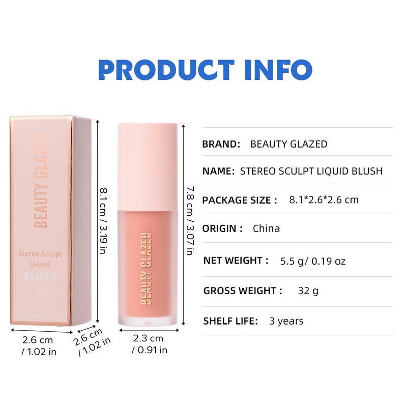 May include: A Beauty Glazed Stereo Sculpt Liquid Blush in a light pink tube and matching box. The blush is a peachy-pink color. The box is 3.19 inches tall, and the tube is 3.07 inches tall.
