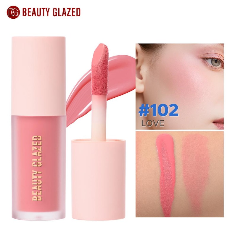 May include: A pink liquid blush from Beauty Glazed. The product is in a clear bottle with a pink cap and the brand name printed on the front. The image also shows a swatch of the blush and a close-up of a face with the blush applied.