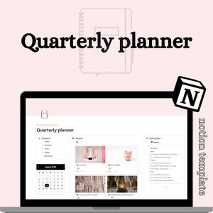 Può includere: Uno schermo di laptop che mostra uno spazio di lavoro di Notion con un modello di pianificatore trimestrale. Il modello include sezioni per la navigazione, gli obiettivi e gli aggiornamenti giornalieri. Lo spazio di lavoro è intitolato "Pianificatore trimestrale".