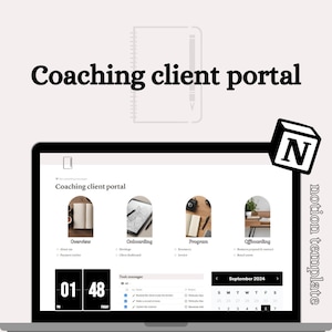 Op de afbeelding: Een laptopscherm dat een coaching-clientportal-website weergeeft met een taakbeheerder en een kalender. De website is ontworpen in een minimalistische stijl met een witte achtergrond en zwarte tekst. De website heeft de titel "Coaching client portal" en bevat secties voor "Overview", "Onboarding", "Program" en "Offboarding". De taakbeheerder-sectie bevat een lijst met taken met selectievakjes en een kalender voor het plannen van afspraken. De kalender is ingesteld op september 2024.