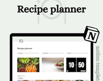 May include: A laptop displaying a recipe planner interface. The screen shows a meal plan, ingredients, and recipes with images of food. The text "Recipe planner" is above the screen, and a "Notion template" logo is in the corner.