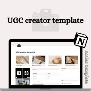 May include: A laptop screen displaying a Notion template for UGC creators. The template includes sections for target audience, creator checklist, contract, outreach list, platforms, and a personal content calendar. The screen also shows a digital clock displaying 03:53 PM.