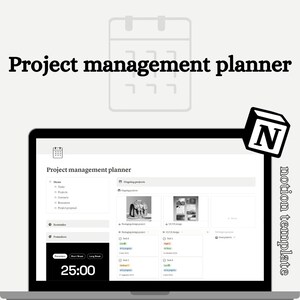 May include: A laptop computer screen displaying a project management planner template in the Notion app. The template includes a menu, reminder section, and a section for ongoing projects. The screen shows a calendar icon, the text "Project management planner", and the time "25:00".