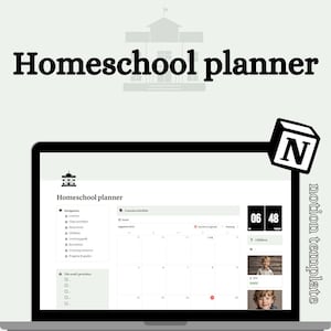 Op de afbeelding: Een laptopscherm met een Notion-sjabloon voor het plannen van thuisonderwijs. De sjabloon bevat een kalender, een lijst met navigatieopties en een sectie voor lesroosters. De tekst "Homeschool planner" wordt bovenaan het scherm weergegeven.