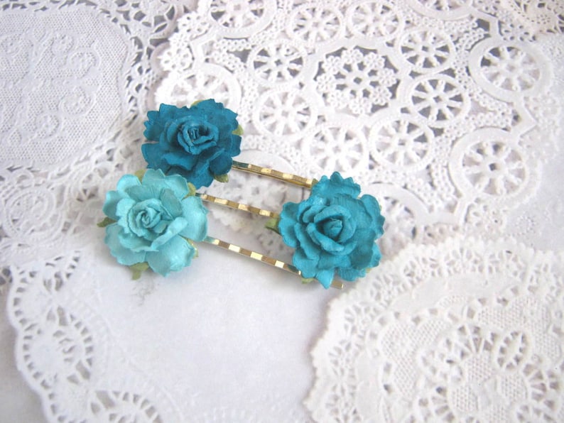 TurquoiseAqua Flower Hair Pins