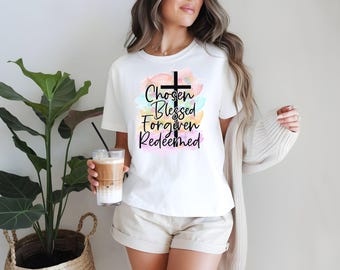 Chosen Blessed Forgiven Redeemed T-shirt: Colorful Christian Design
