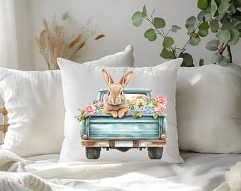 Easter Bunny Truck Pillow Cover: Custom Throw Pillow, Spring Decor