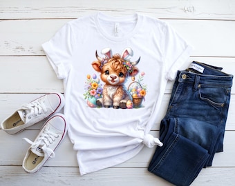 Highland Cow Easter T-Shirt | Floral Springtime Design