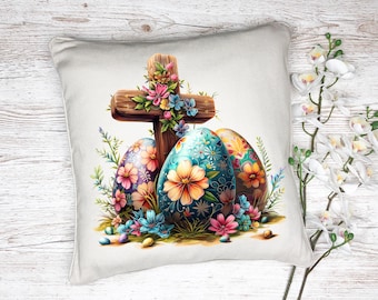 Easter Pillow Cover: Floral Cross & Eggs, Spring Home Decor (18x18)
