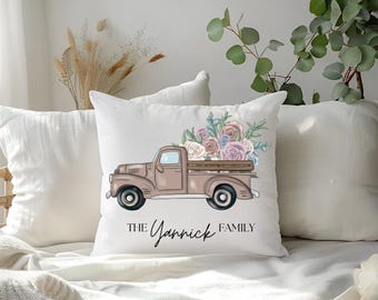Valentine Flower Truck Pillow Cover: Personalized Family Name Decor