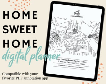 Puede incluir: Un planificador digital en blanco y negro con un tema de hogar dulce hogar. La portada presenta a una persona relajándose en un porche con un letrero que dice "Home Sweet Home Planner". El planificador es compatible con aplicaciones de anotación PDF.
