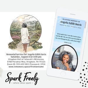 May include: A memorial service announcement for Angela Edith Davis. The announcement includes a photo of her, the date and time of the service, the location, and Zoom details. The text "Spark Freely - where ideas spark -" is at the bottom of the announcement.