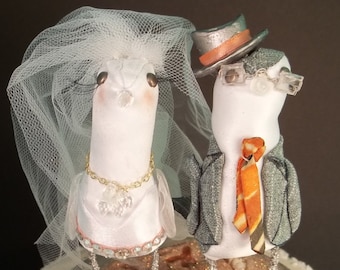 Cake topper miniature birds Bride Groom veil dress necklace top hat suit tie glasses sand shells grey orange white