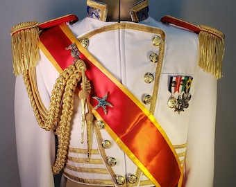 Prince Costume Military wedding White jacket gold trim epaulets sash pins medals chivalric order aiguillettes red sash vest