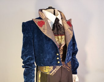 Beauty and the Beast Prince costume 5 piece jacket vest waistcoat pants shirt jabot blue velvet gold brocade lace gold stripe black red rose