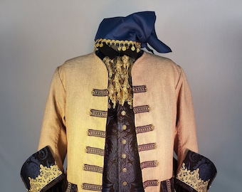 Pirate Costume 6 piece jacket vest waistcoat pants trousers breeches shirt headscarf shirt jabot fleur de lis black blue tan