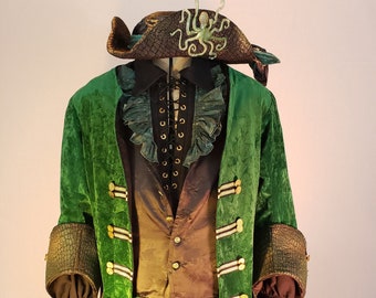 Pirate Costume 6 piece Hat tricorn jacket vest waistcoat pants trousers breeches shirt hatband green octopus alligator black