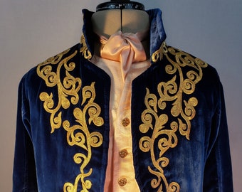 Louis XIV Costume Jacket breeches waistcoats cravats all natural fibers silk velvet taffeta dupioni charmeuse Fleur de lis Champagne brocade