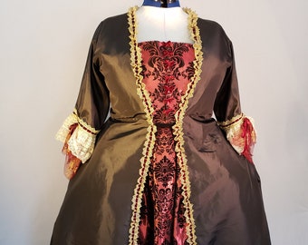 Robe a la Francaise Historical Costume Silk taffeta Flocked damask stomacher Petticoat Gold lace Velvet ribbon Chemise Stays Paniers