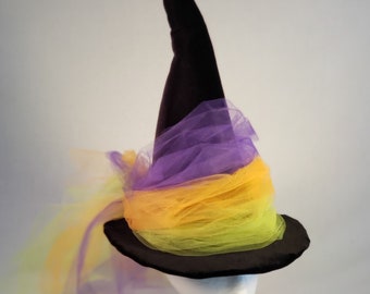 Witch Hat black velvet multi color tulle moon pin crystals purple orange green