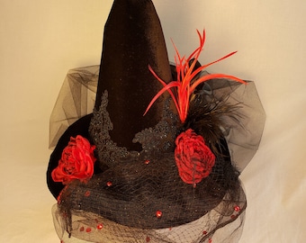 Witch Hat black velvet lace band dot tulle veils feathers red flowers