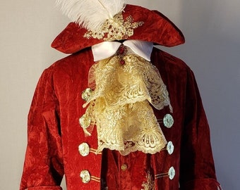 Pirate Costume Captain Hook Louis XIV red velvet jacket breeches waistcoat gold coins lace jabot shirt tricorn hat feathers ruby 6 piece