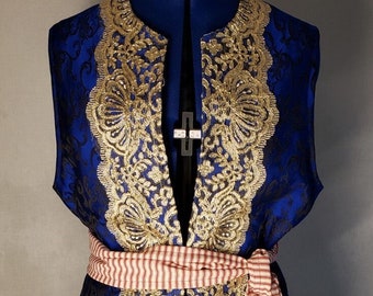 Pirate Vest long blue gold lace red stripe sash fringe Captain Hook