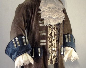 Pirate Costume 6 piece Hat tricorn jacket vest waistcoat pants trousers shirt jabot