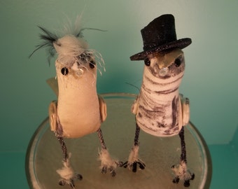 Cake Topper miniature birds Bride Groom spats, pillbox hat top hat feathers toile black white ivory