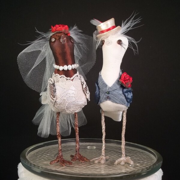 Cake topper miniature birds Brides brown white red rose pearl necklace denim suit and vest lace dress veil feathers top hat red white blue