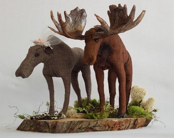 Cake topper miniature Moose couple antlers flower moss grass wood veil