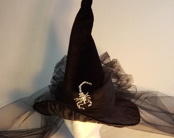 Witch Hat black velvet tulle wrap veil silver scorpion