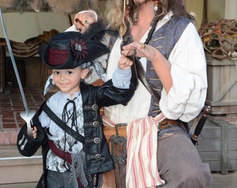 Pirate Costume Toddler ten piece Jacket shirt pants vest headscarf hat spats waist tie belts black gray silver burgundy octopus