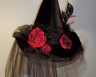 Witch Hat black velvet red flowers feathers veils