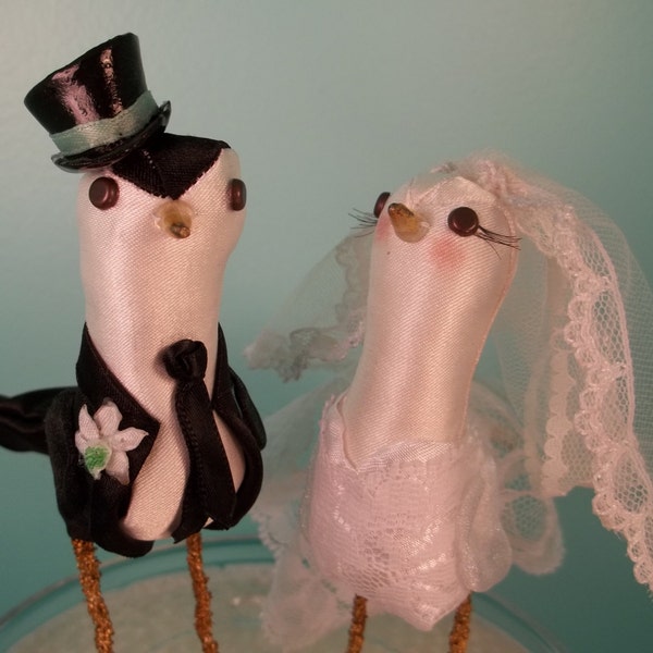 Cake Topper miniature birds Bride Groom lace dress veil top hat suit tie boutonniere orchid black white ivory blue