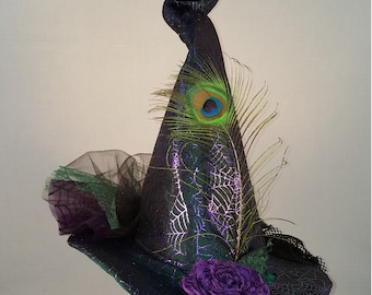 Witch Hat green purple spider web peacock flower veil