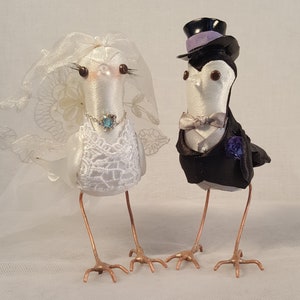 Cake topper miniature birds Bride Groom lace veil dress necklace lashes Groom top hat jacket vest bowtie boutonniere black white grey purple